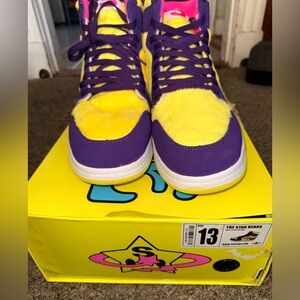 Purple and Yellow Fuzzy High-Top Sneakers